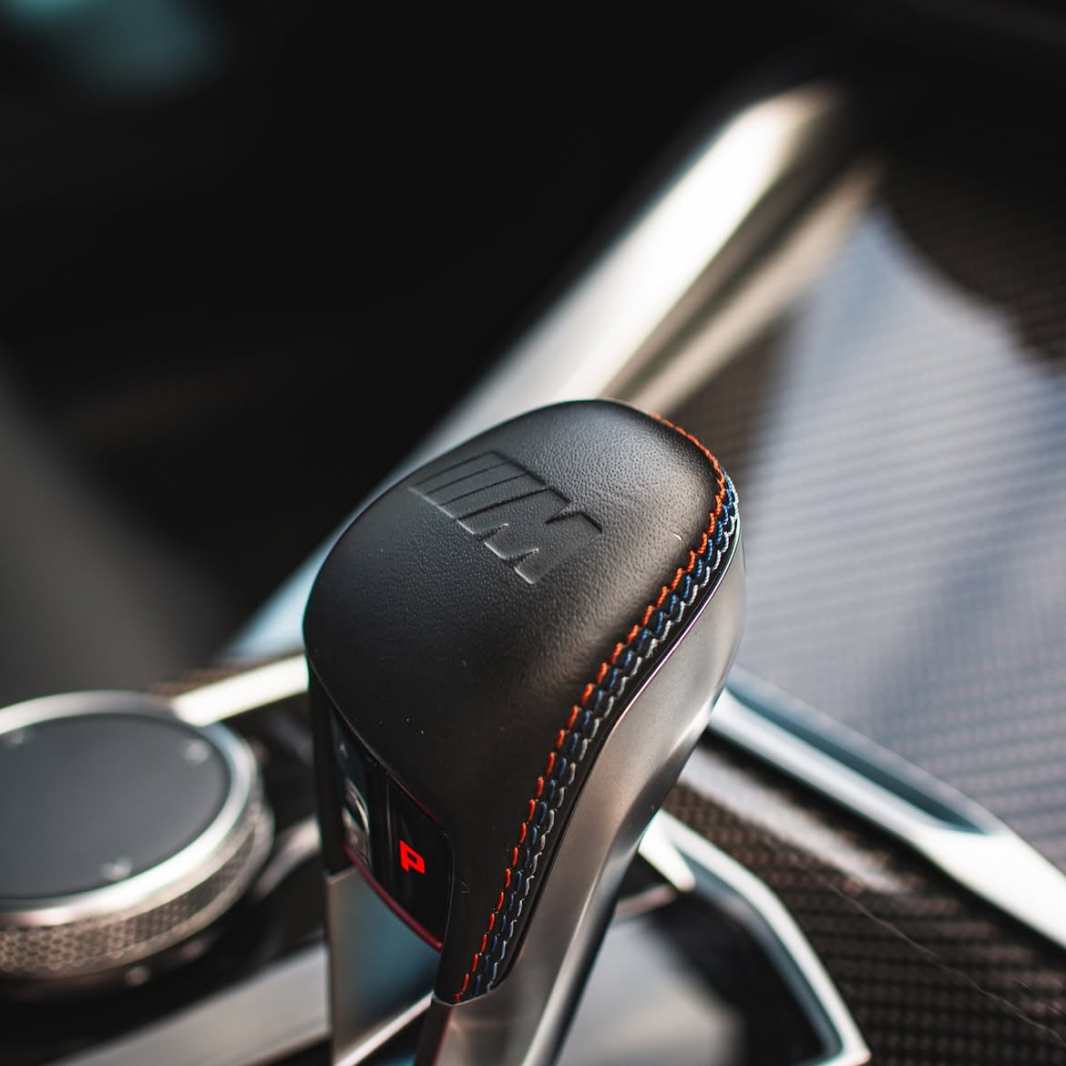 BMW M3 Competition — interior shifter detail